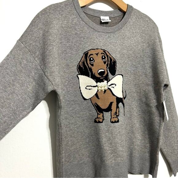 Nikka K Dog Graphic Novelty Sweater Dachshund Puppy Bow Pearl Christmas NEW XL - Picture 2 of 10